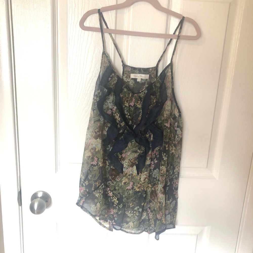 2/$15🌟 Costa Blanca Sheer Ruffle Spaghetti Strap Top